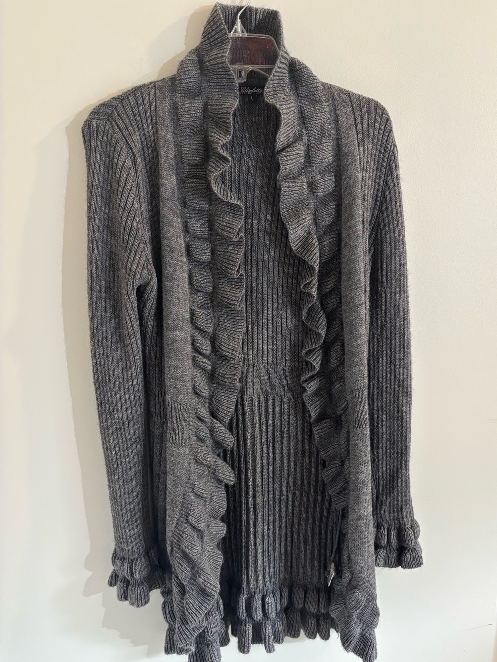 Elizabetta Collection Gray Ruffled Open-Front Cardigan Wool Blend Size L Italy